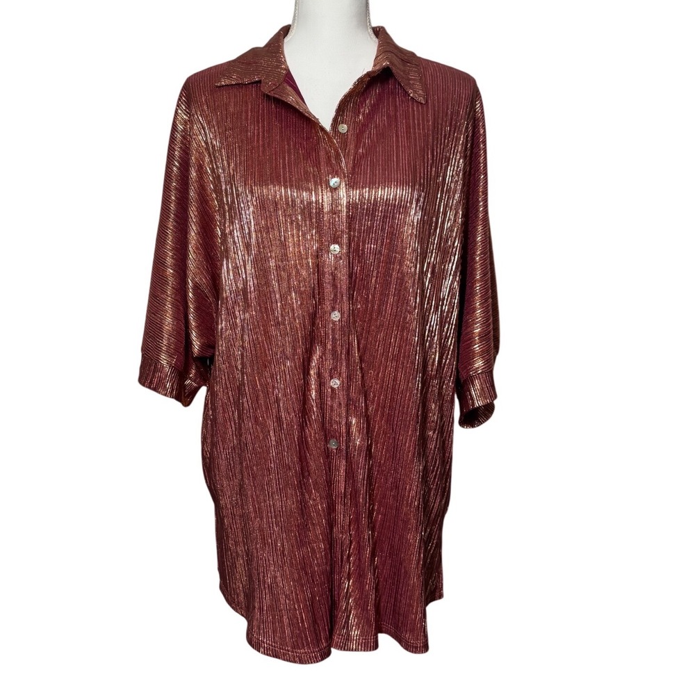 Adrienne Arizona Plissé Metallic Button Down Shirt L Burgundy Bronze NWT‎